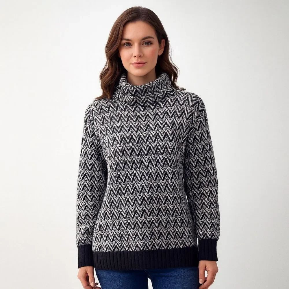Ellen Tracy Turtleneck Sweater Black White Chevron SZ XL